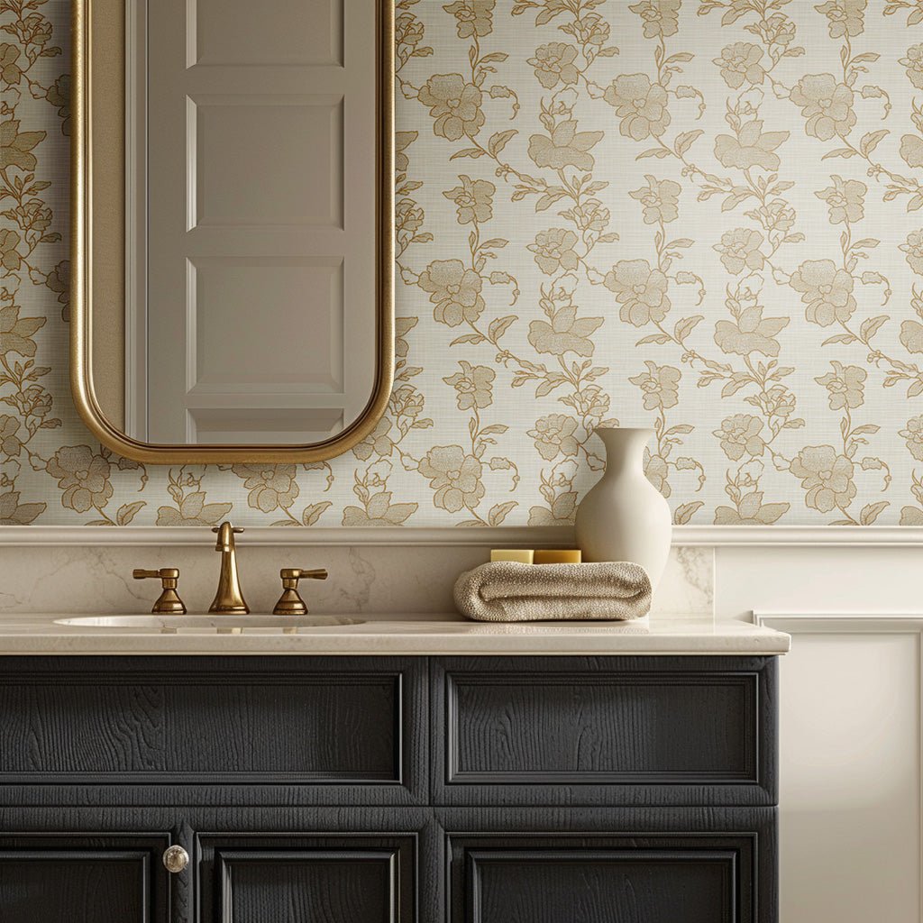 Papel tapiz floral dorado elegante para baño y recámara