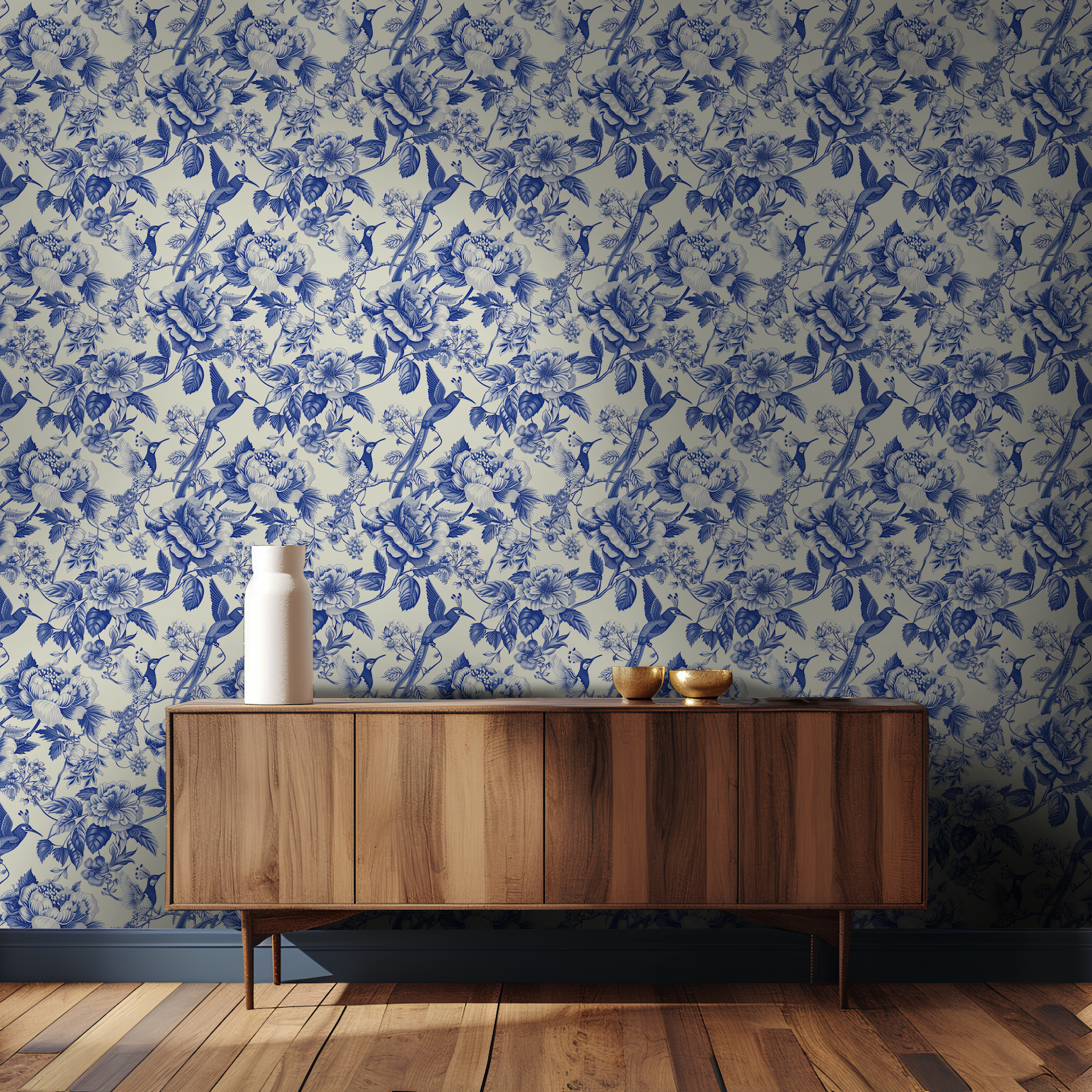 Papel tapiz floral azul porcelana con pájaros elegante