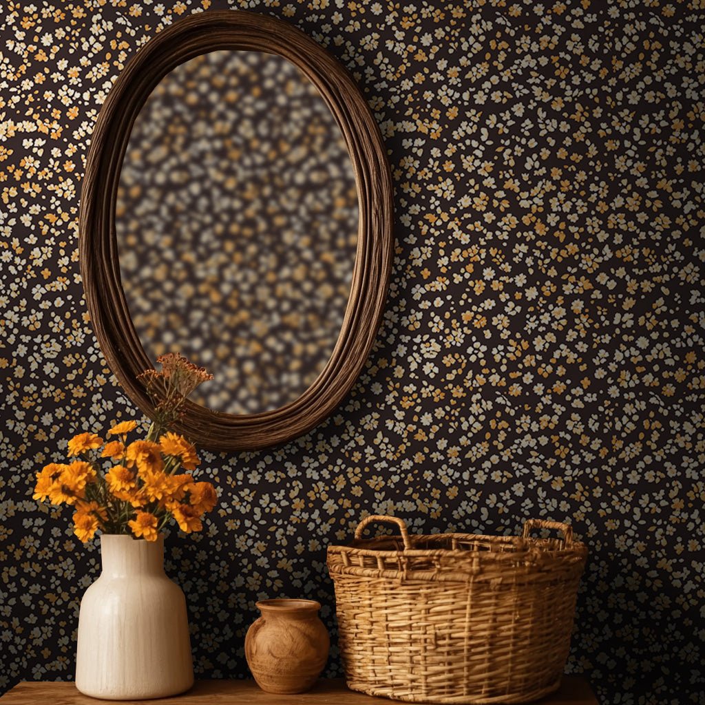 Papel tapiz floral fondo oscuro Canopy Ámbar, elegante y cálido