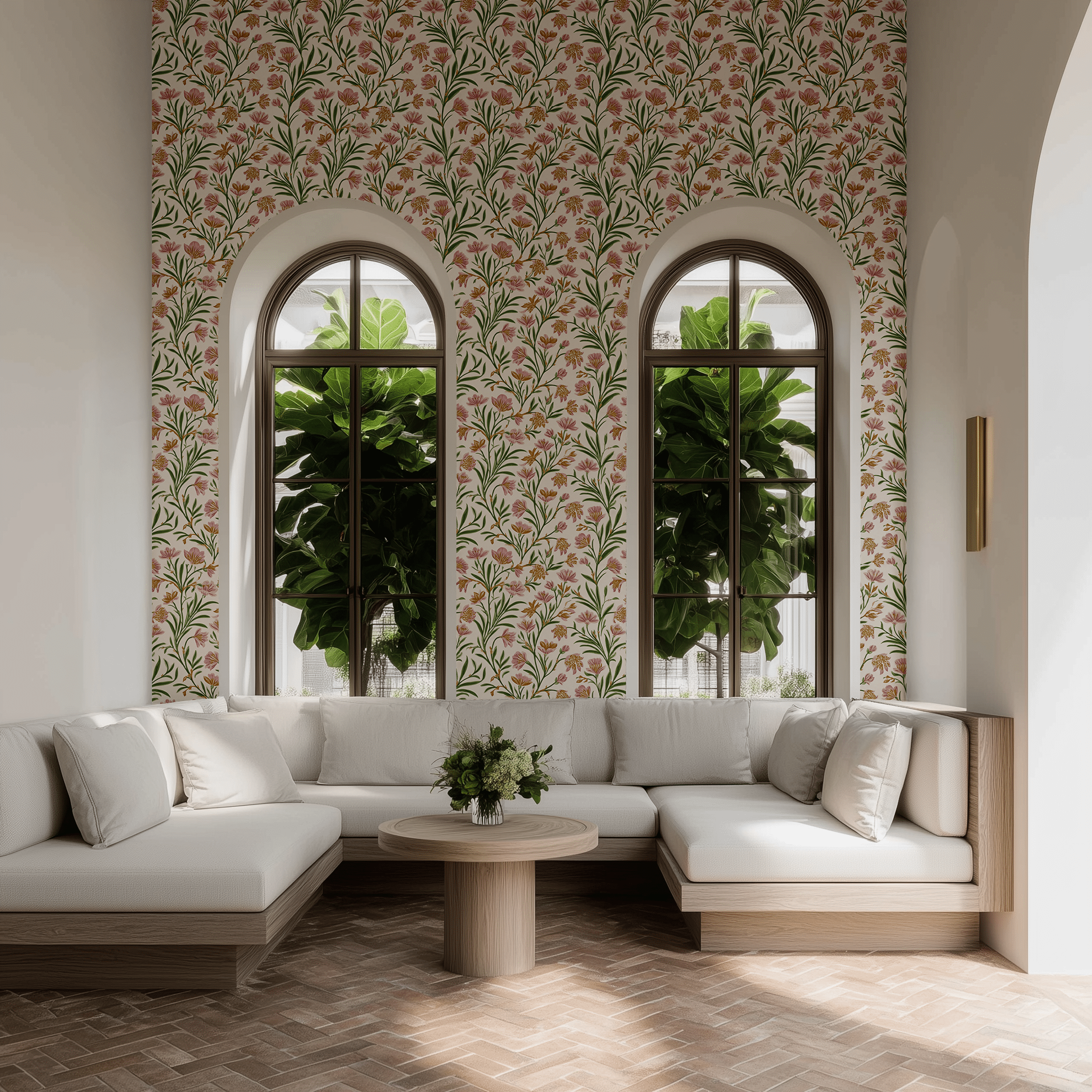 Papel tapiz floral vintage de tallos verdes y flores rosadas