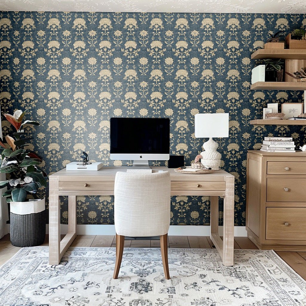 Papel Tapiz Floral Elegante Azul y Oro para Pared