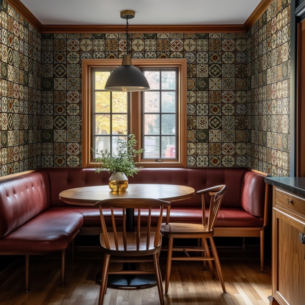 Papel tapiz mosaico vintage con diseños geométricos y florales