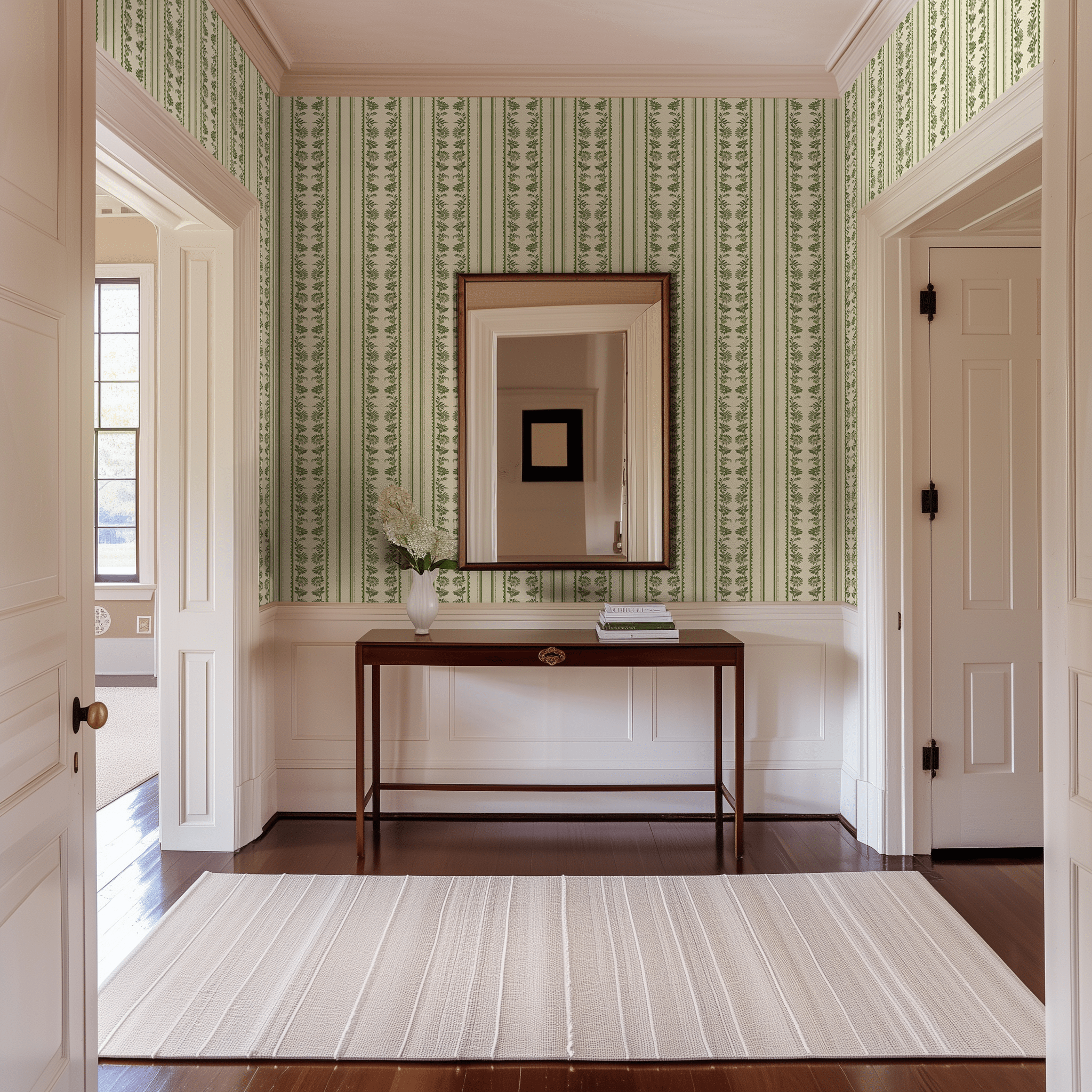 Papel tapiz Augusta Verde líneas y follaje clásico elegante