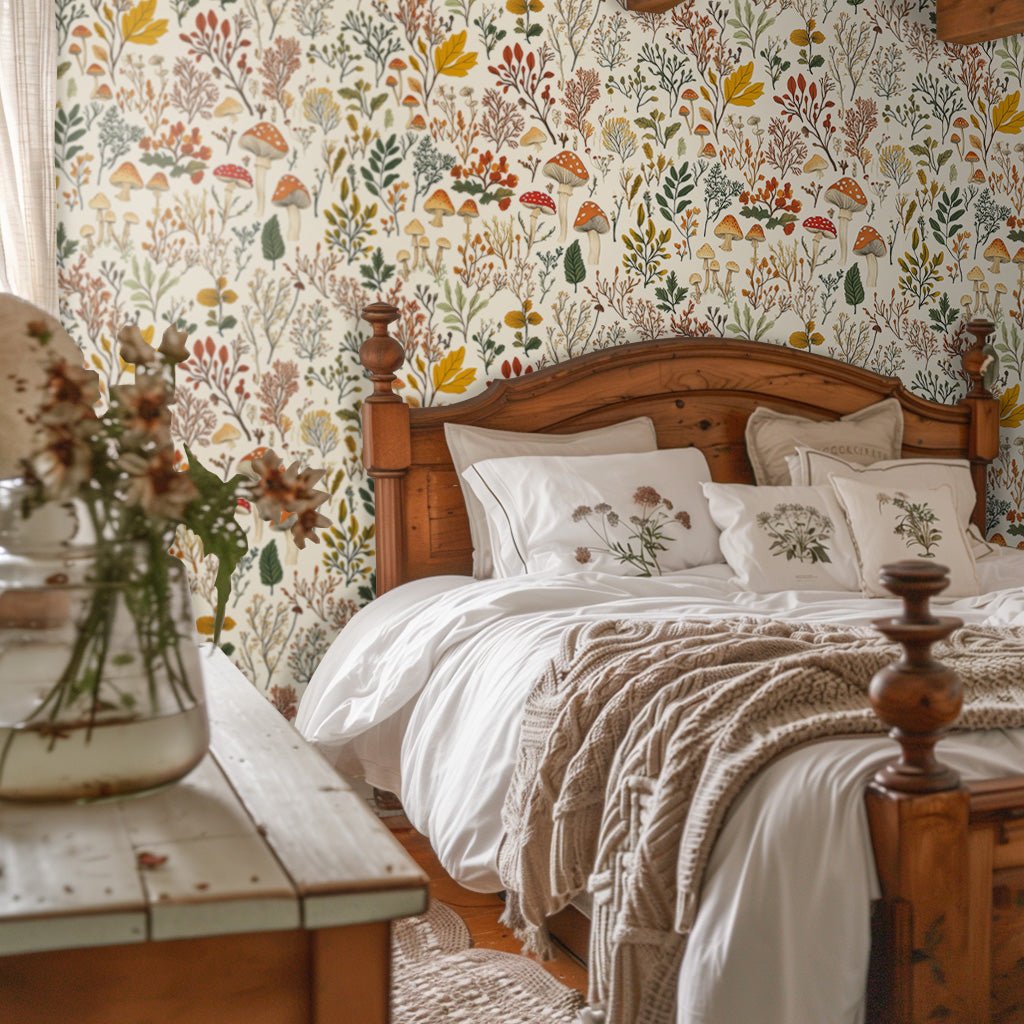 Papel tapiz bosque encantado con hongos y flores otoñales
