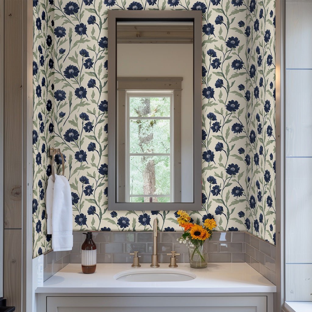 Papel tapiz flores azul índigo para baño y recámara