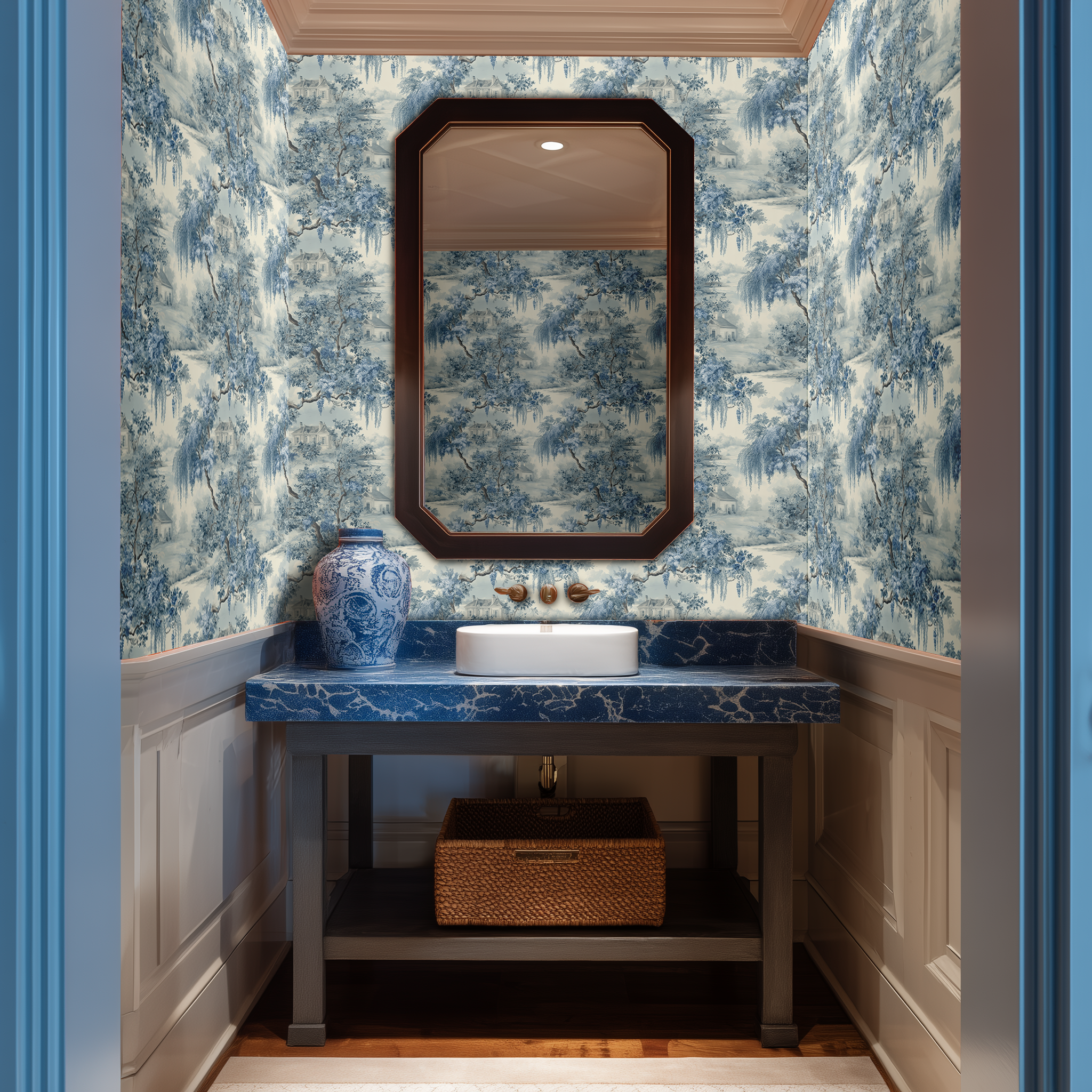 Papel tapiz paisaje azul tipo willow clásico para baño