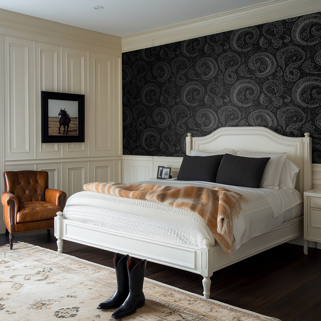 Papel tapiz negro elegante con patrón paisley clásico