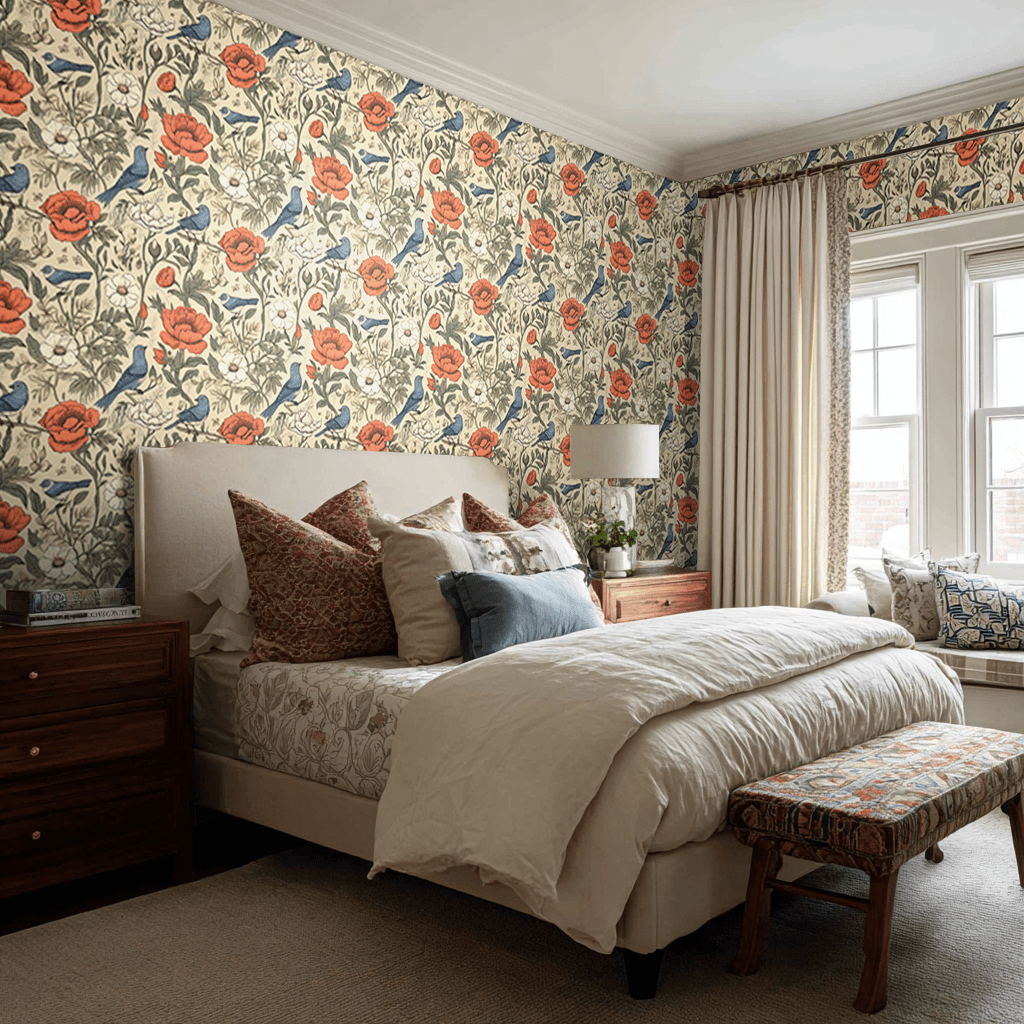 Papel tapiz vintage floral con pájaros y rosas