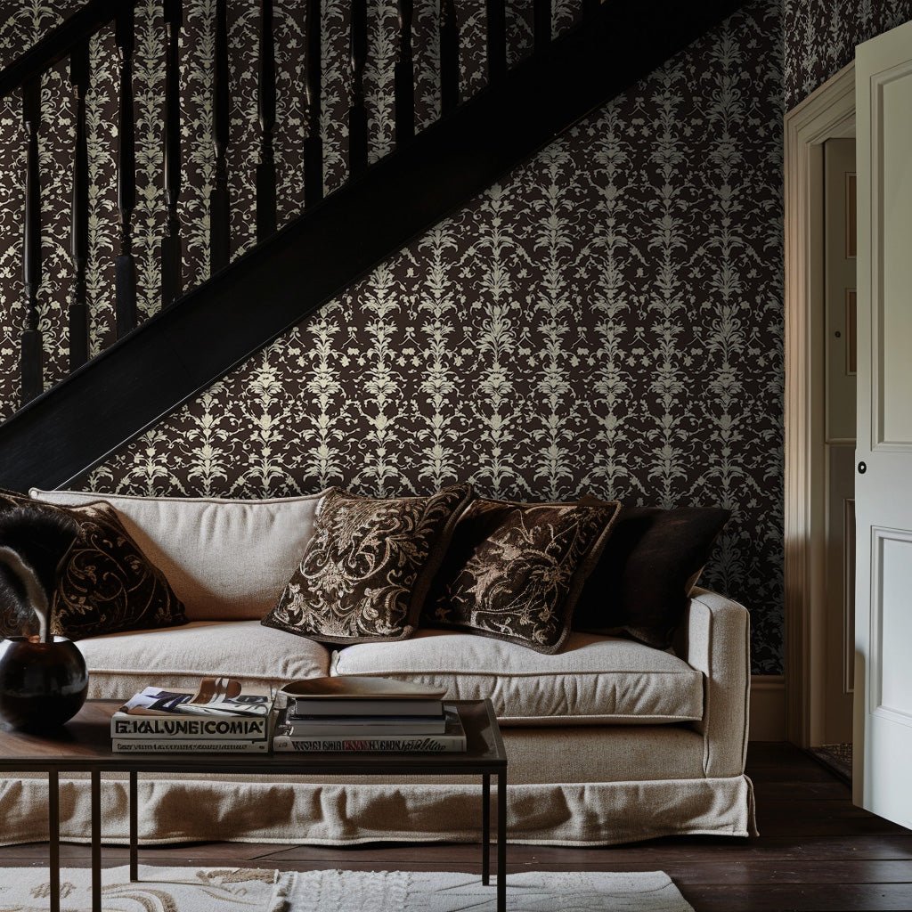 Papel Tapiz Elegancia Clásica Damasco Negro y Beige