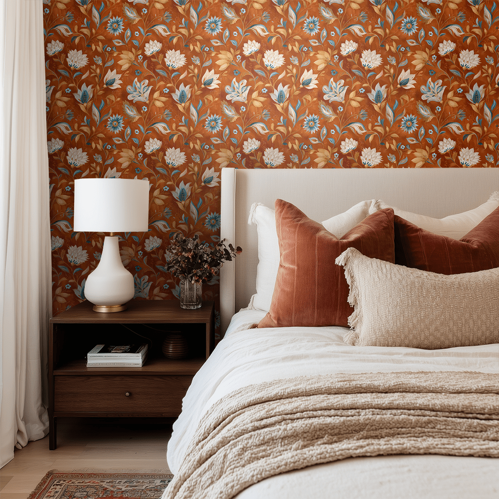Papel Tapiz Floral Terracota y Azul Elegancia Cálida