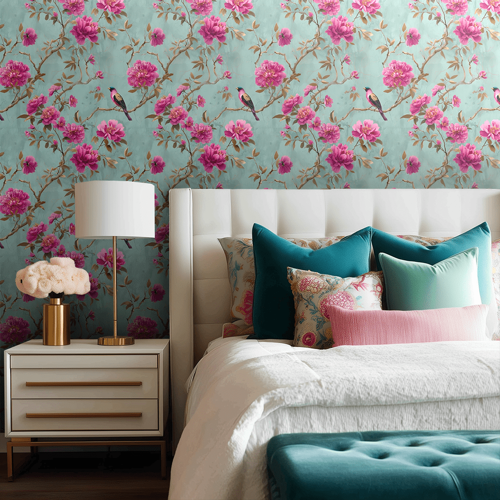 Papel tapiz flores rosas y aves románticas fondo aqua