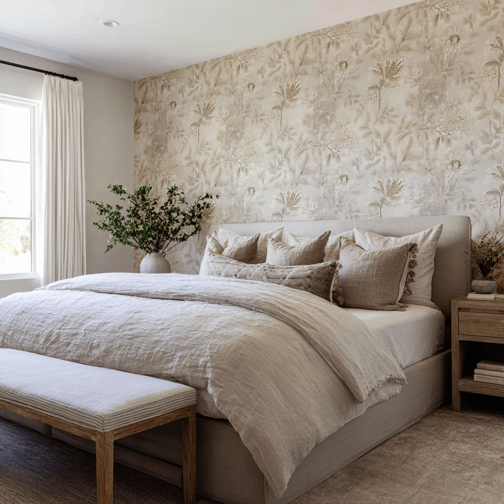 Papel tapiz floral neutro relajante para recámara elegante