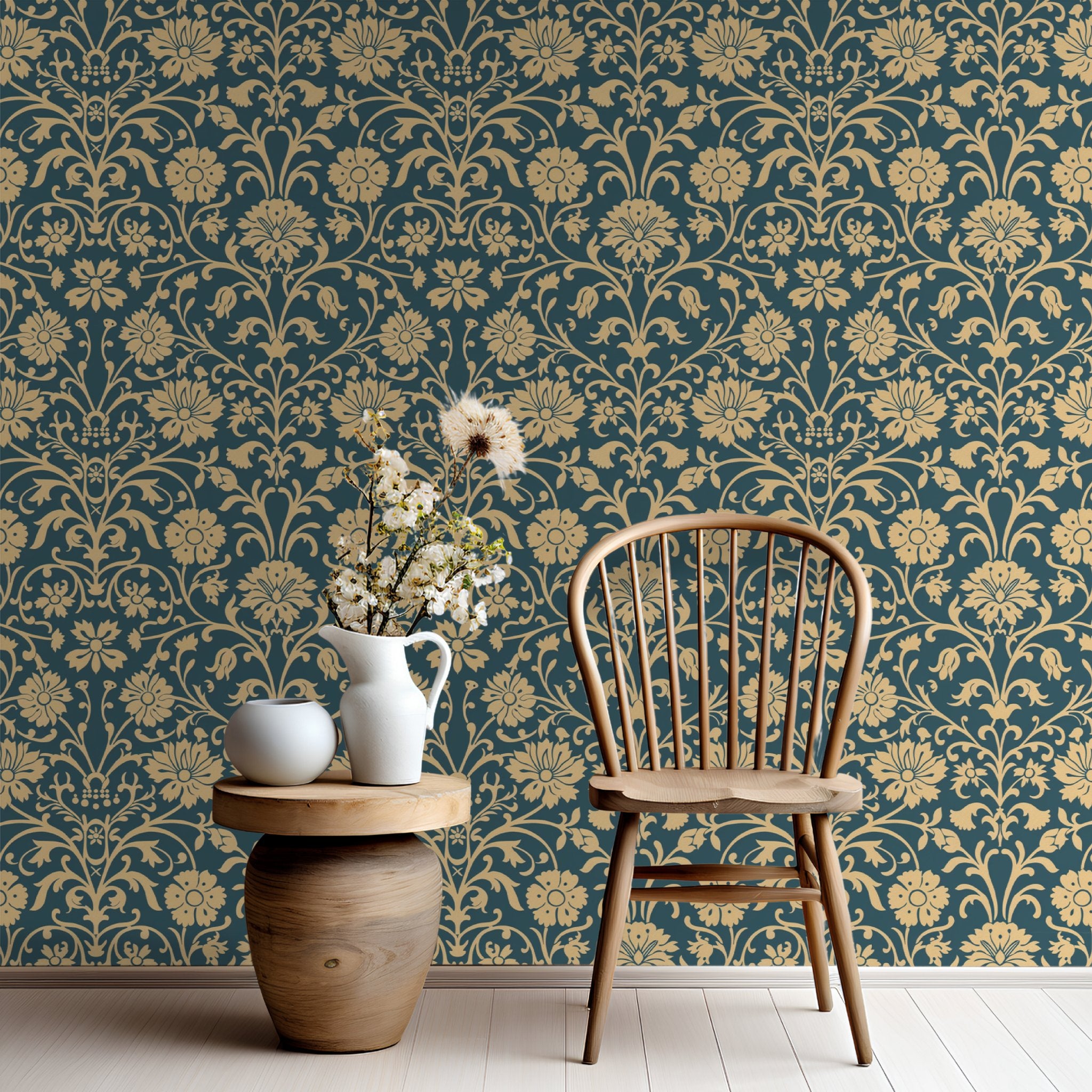Papel tapiz floral vintage azul y oro para sala y recámara