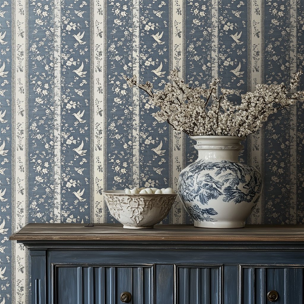 Papel tapiz vintage azul aves y flores románticas