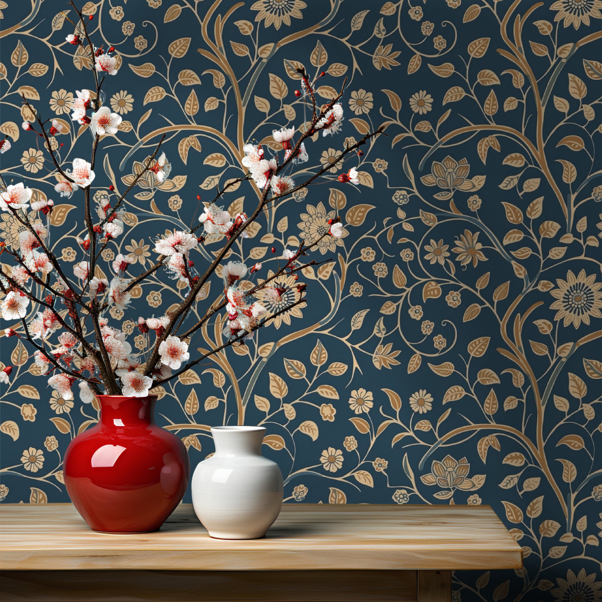 Papel tapiz floral azul oro estilo elegante para pared