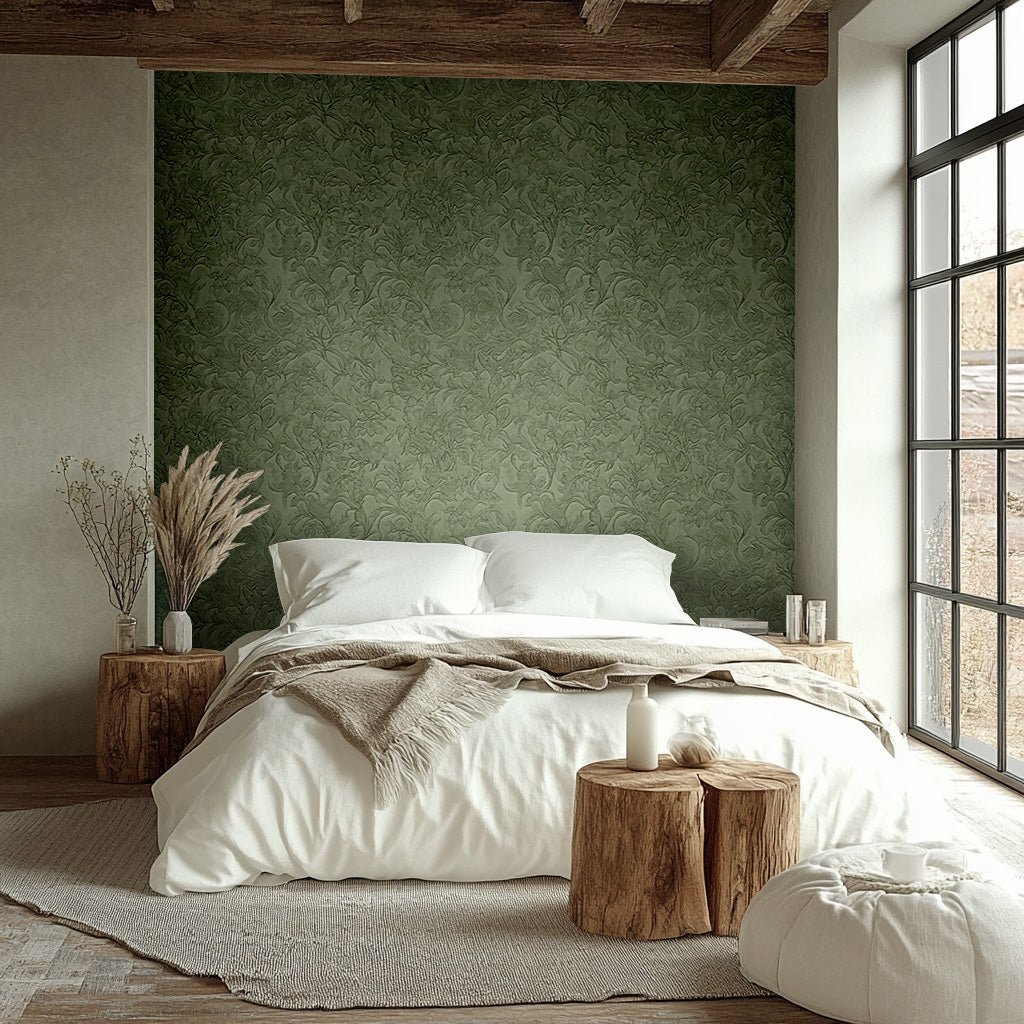 Papel tapiz elegante verde con relieve botánico para recámaras