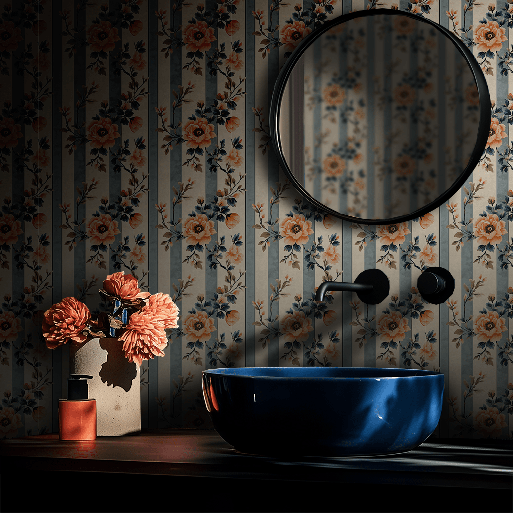Papel tapiz floral vintage rayado tonos cálidos para baño