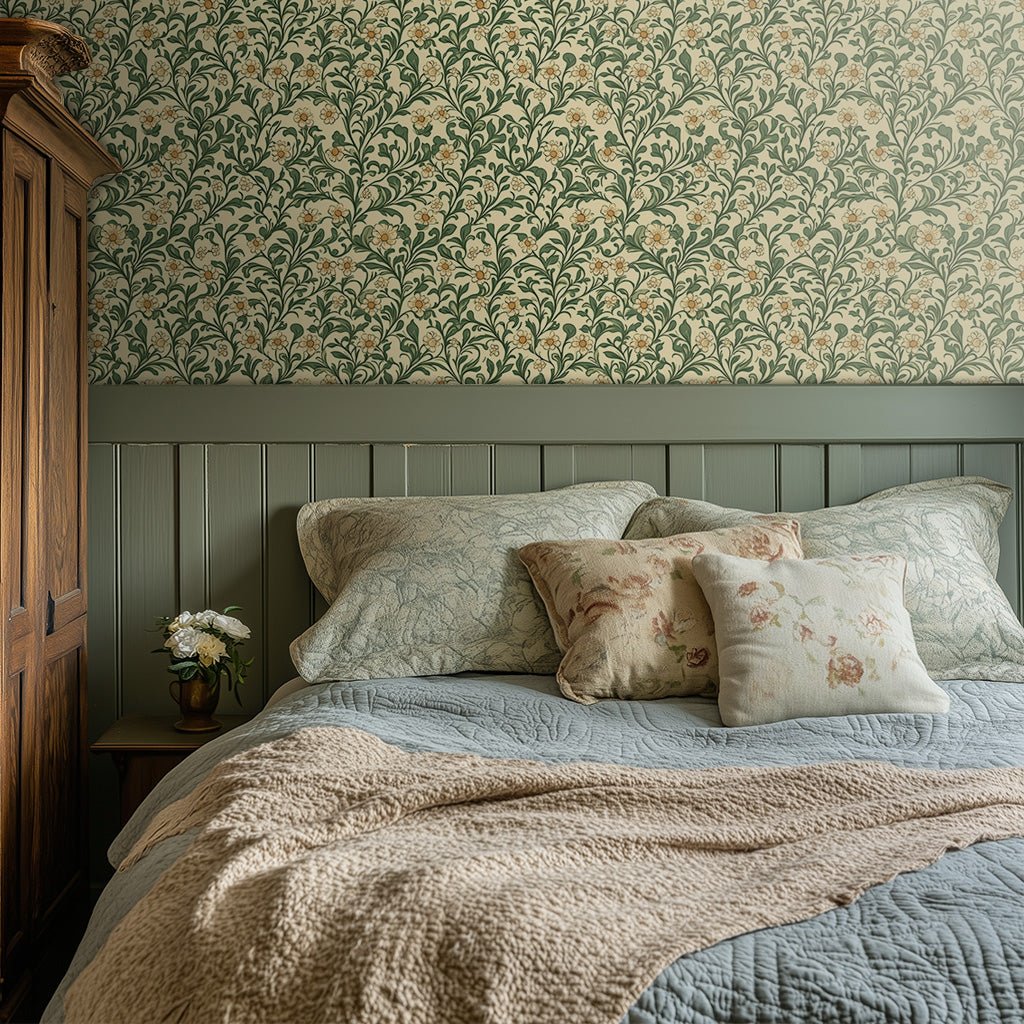Papel tapiz estilo vintage floral Verde Salvia para recámara