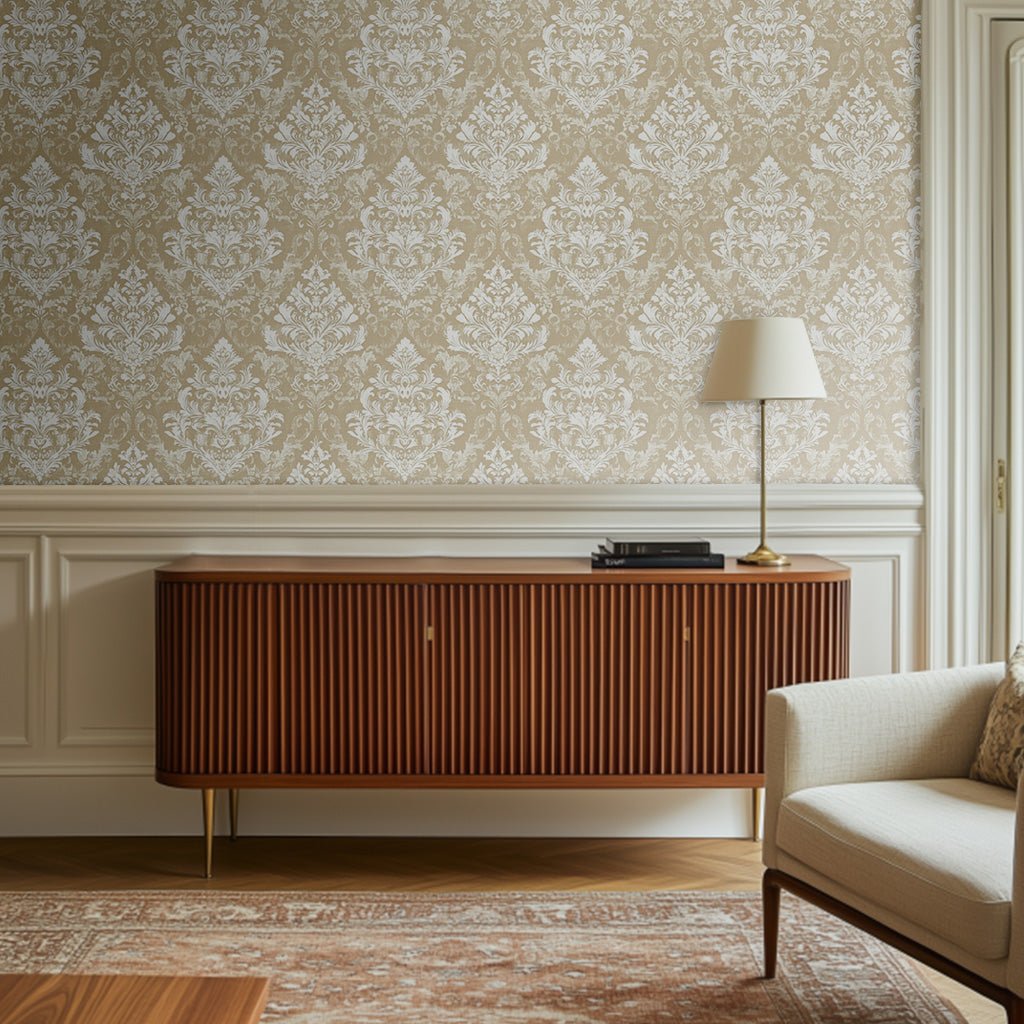 Papel tapiz beige damasco clásico decoración elegante