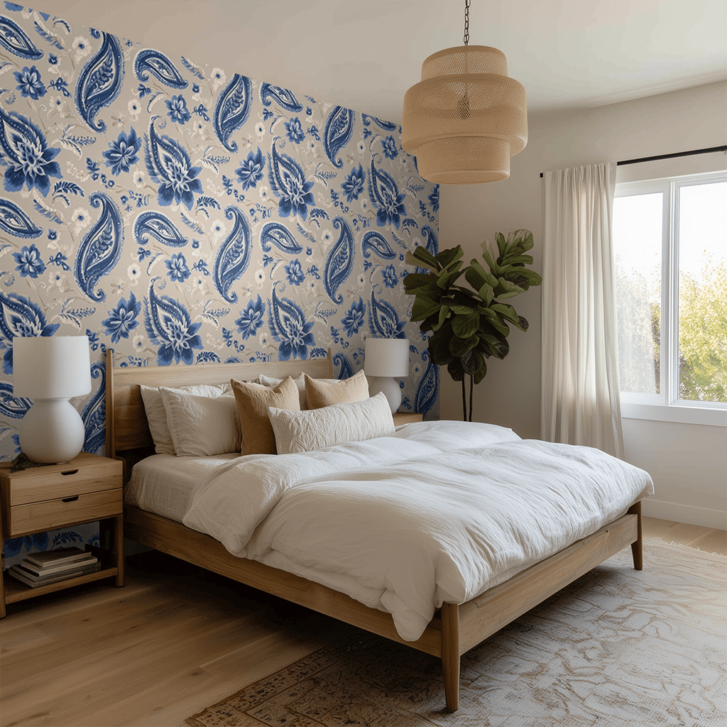 Papel tapiz azul paisley floral vintage elegante habitación