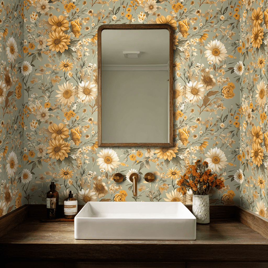 Papel tapiz floral girasoles dorados estilo vintage para baño y cocina