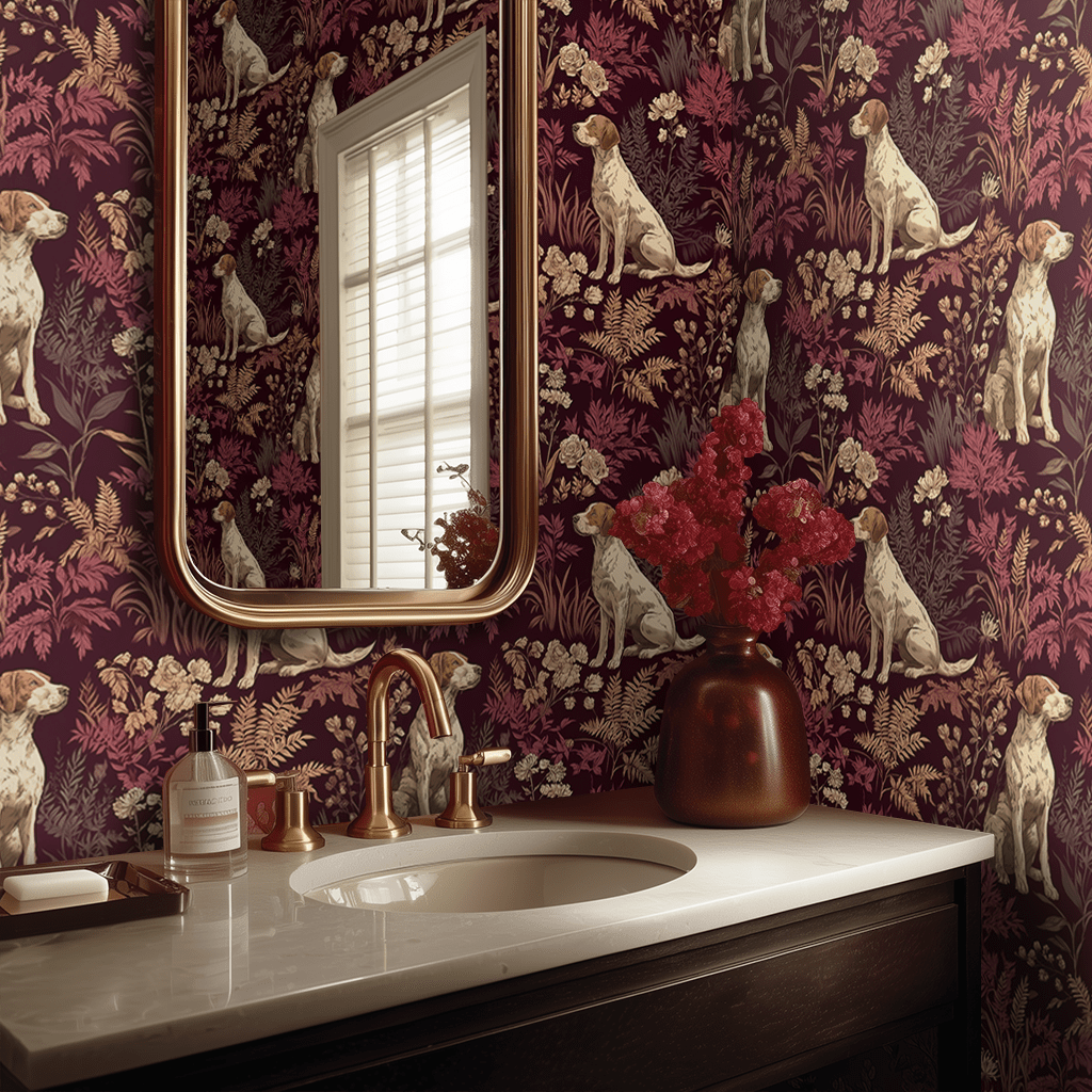 Papel Tapiz Botánico con Perros y Helechos para Baño y Sala