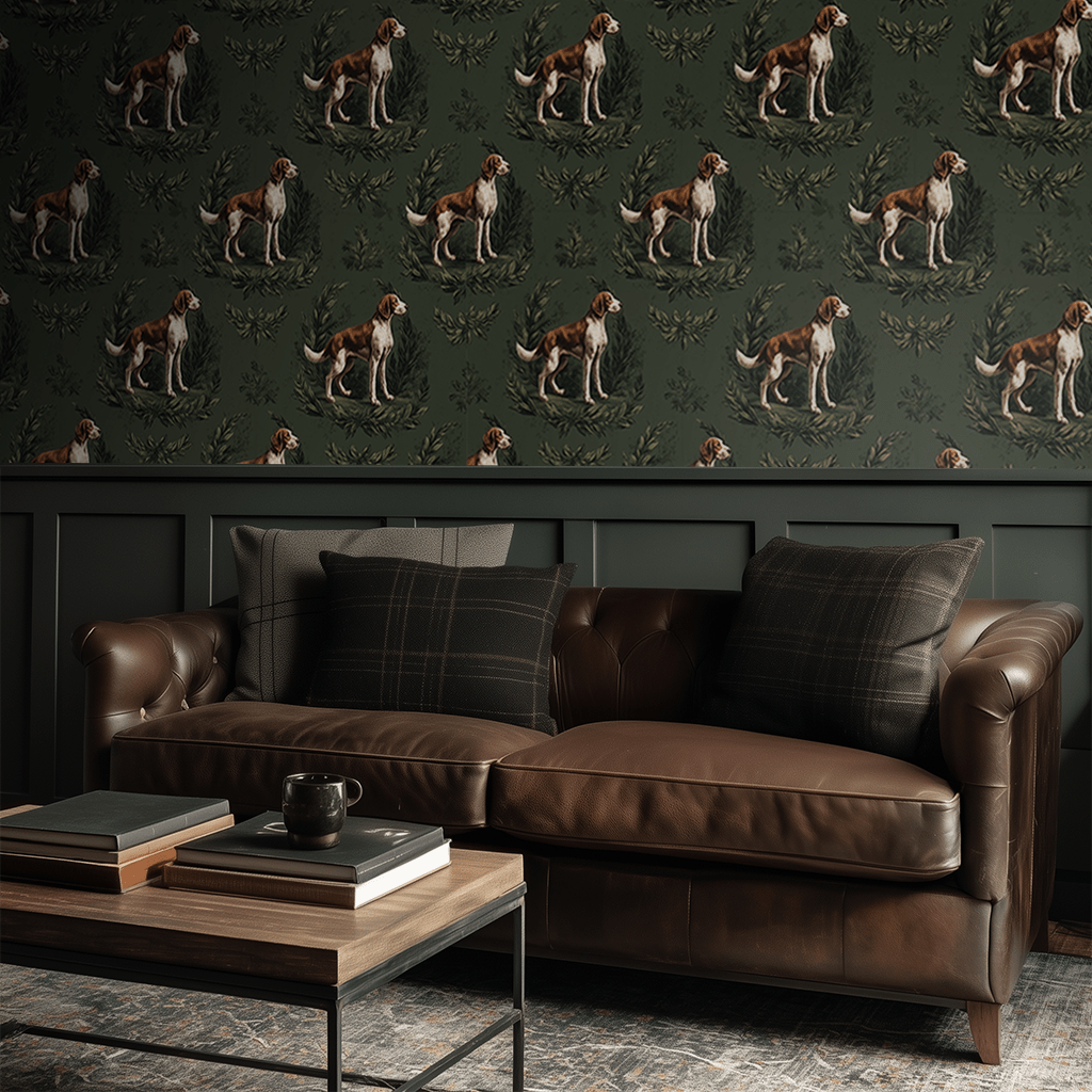 Papel tapiz clásico perros de caza fondo verde elegante