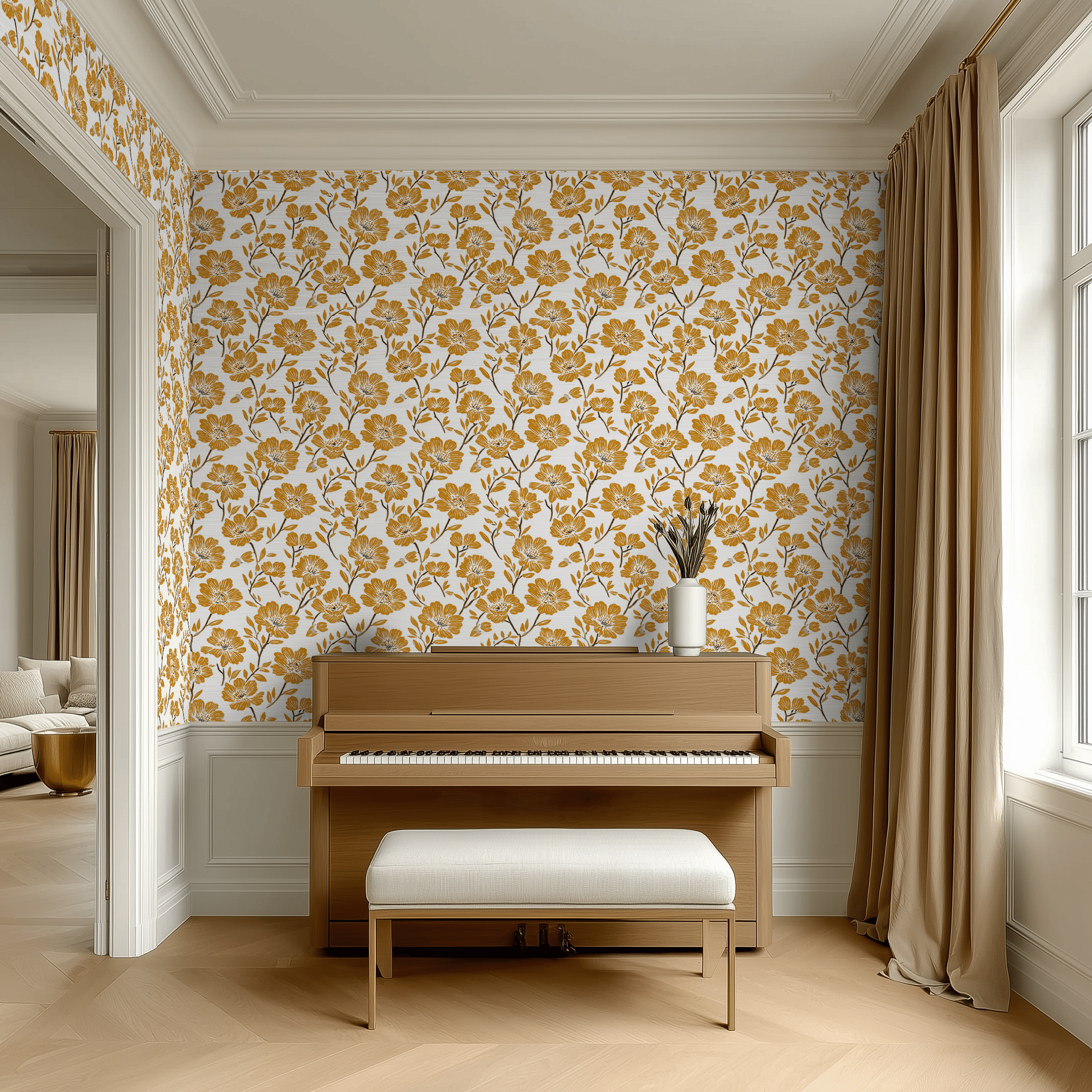 Papel tapiz floral dorado Flor del Campo para sala y recámaras