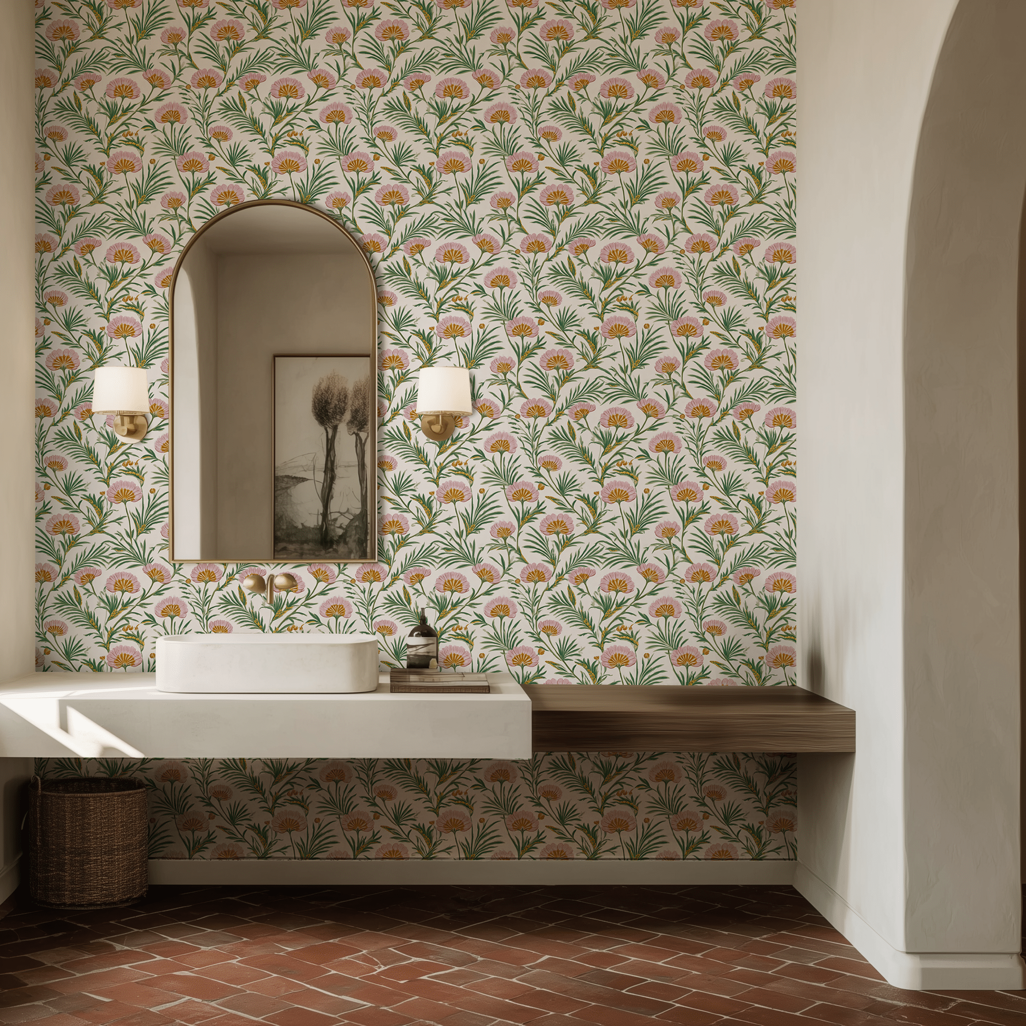 Papel tapiz flores folk vintage para baño y recámara