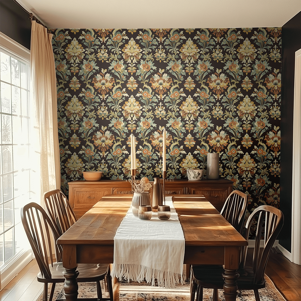 Papel tapiz floral vintage fondo oscuro para comedor