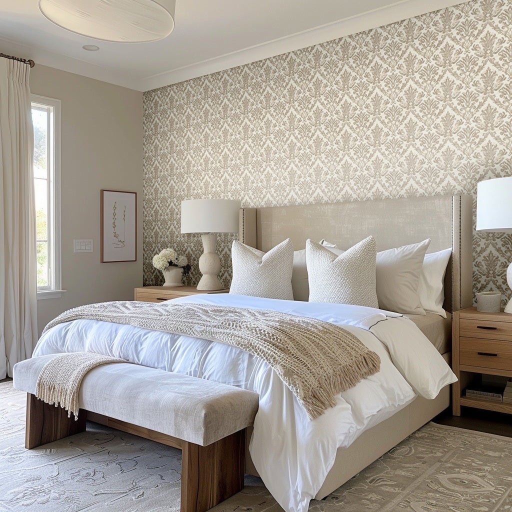 Papel tapiz elegante damasco beige para recámara y sala
