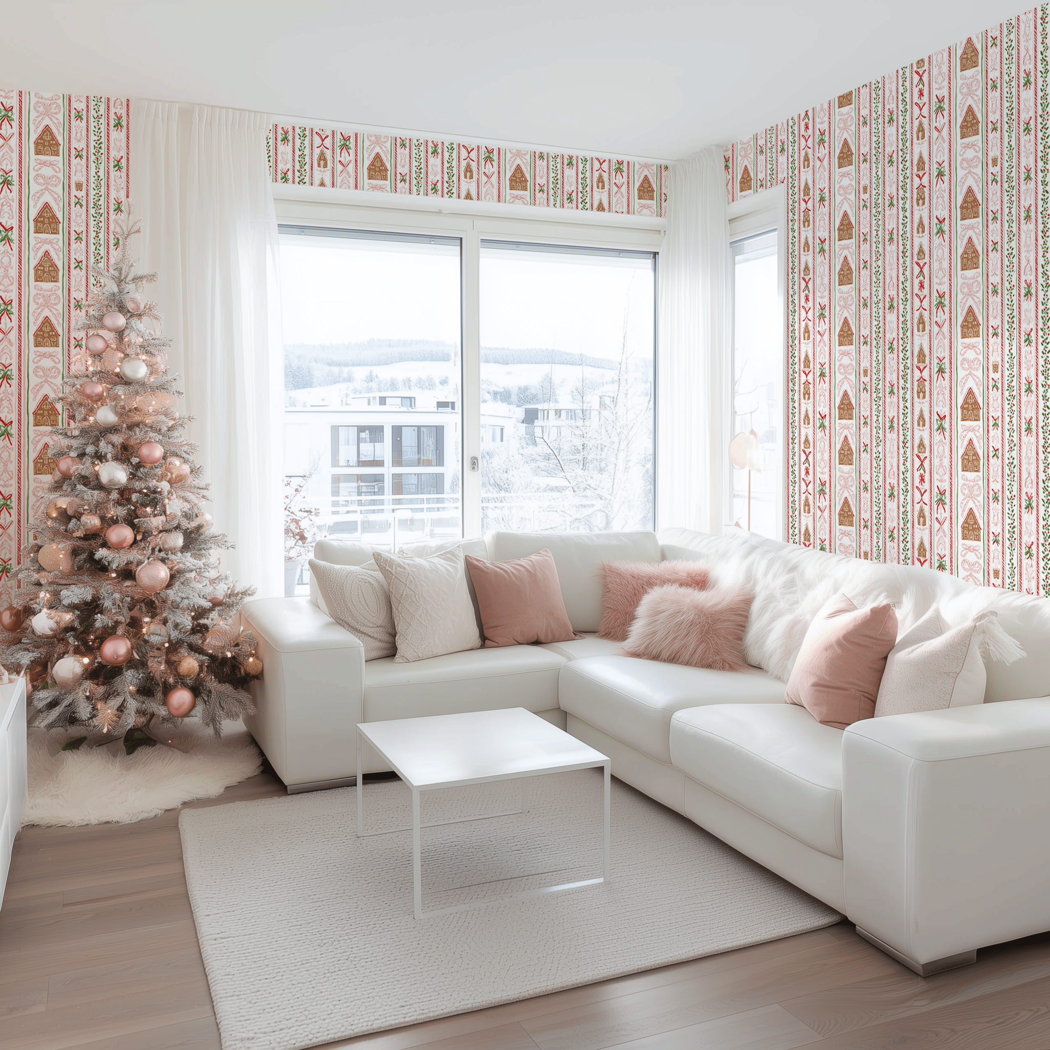 Papel tapiz navideño casas de jengibre y motivos festivos