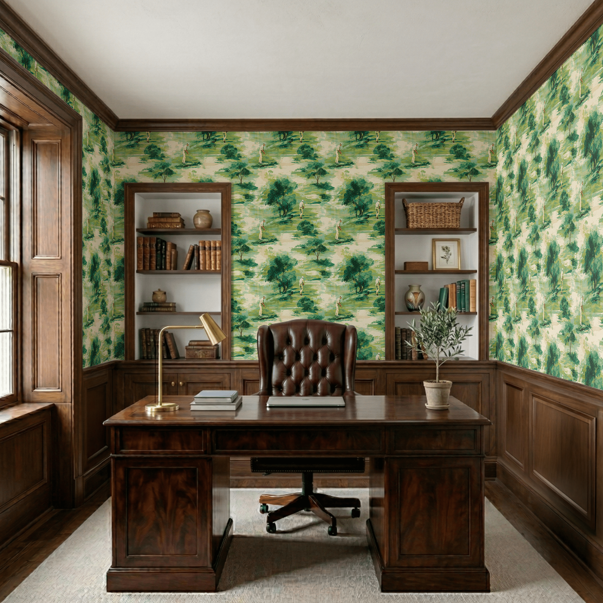 Papel Tapiz Estilo Vintage Árboles y Caminos Tonos Verdes
