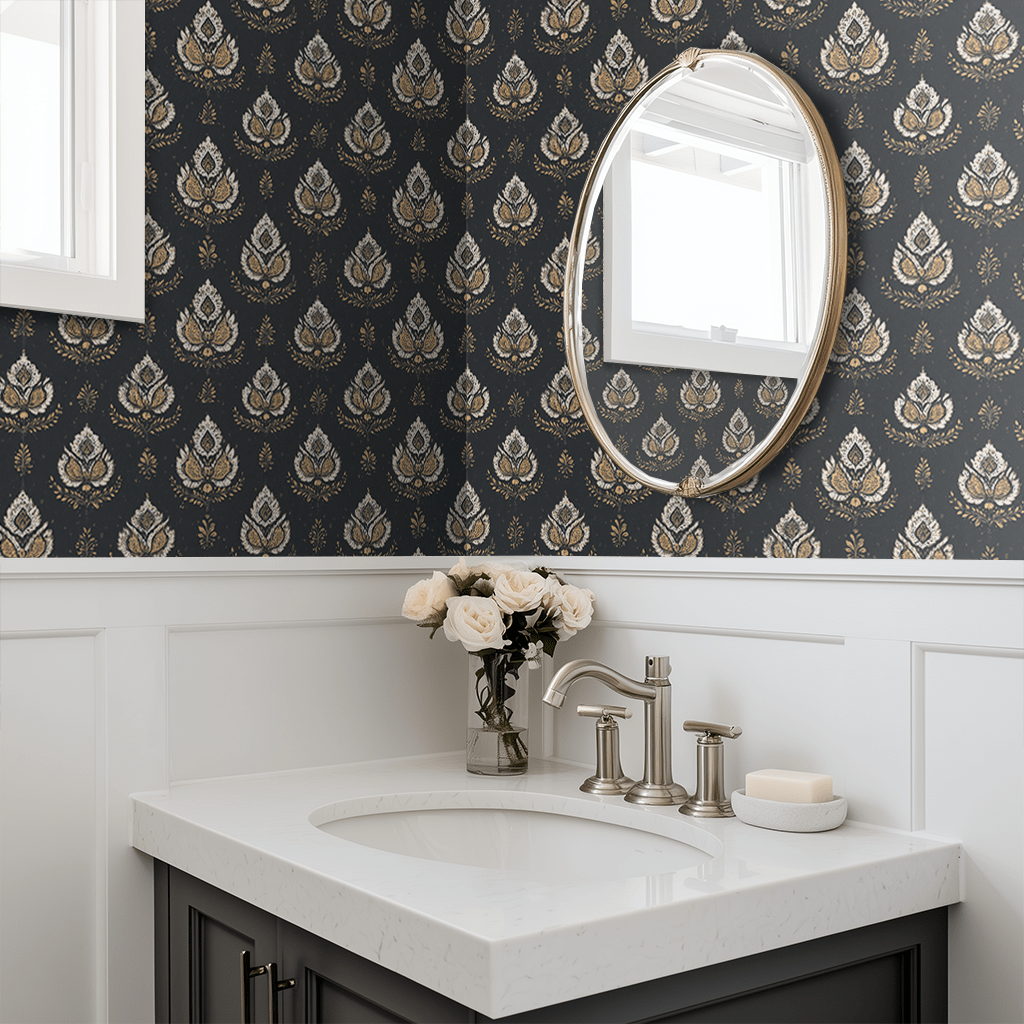 Papel tapiz gris con patrón dorado de elegancia clásica