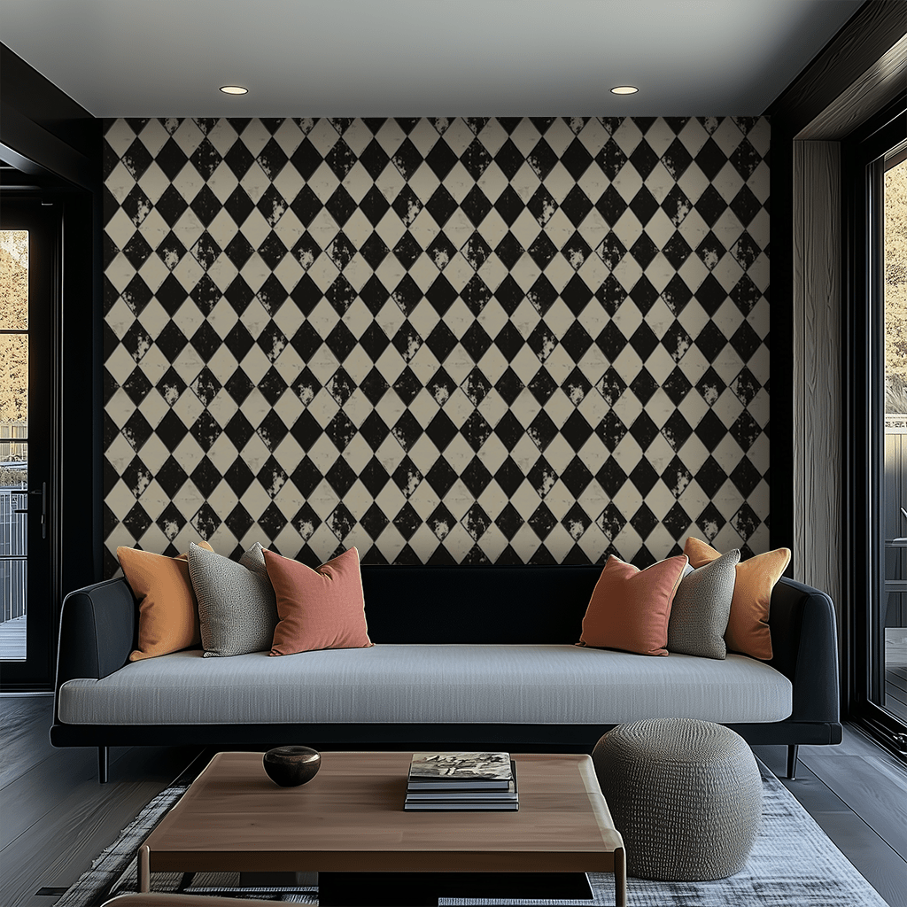 Papel Tapiz Harlequín Vintage en Blanco y Negro para Pared