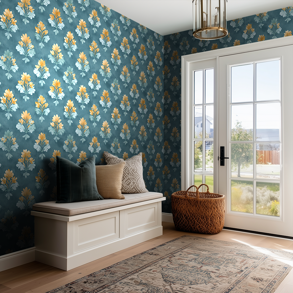 Papel tapiz Azul Vintage con Flores Amarillas y Beige