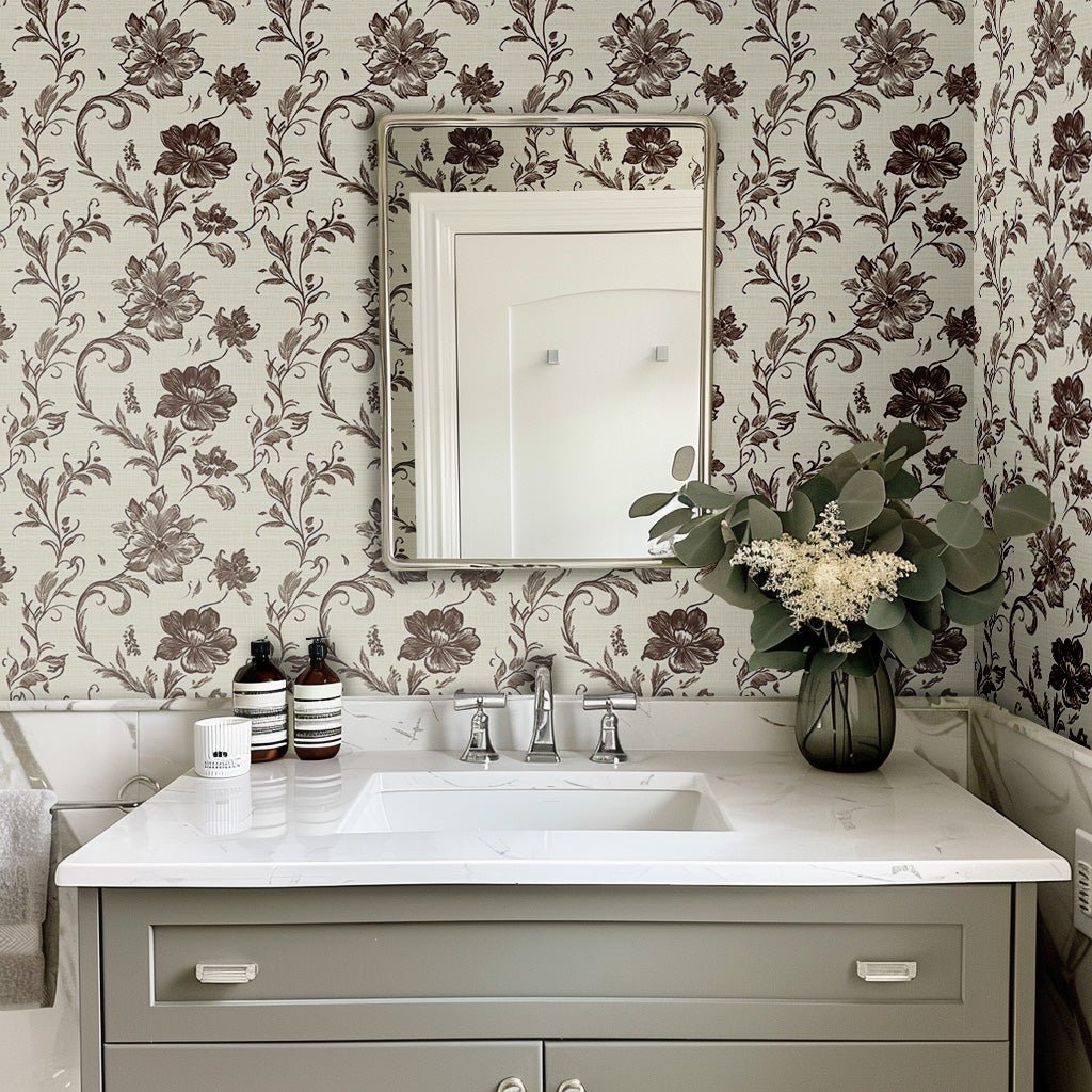 Papel tapiz floral vintage beige y marrón para baño elegante