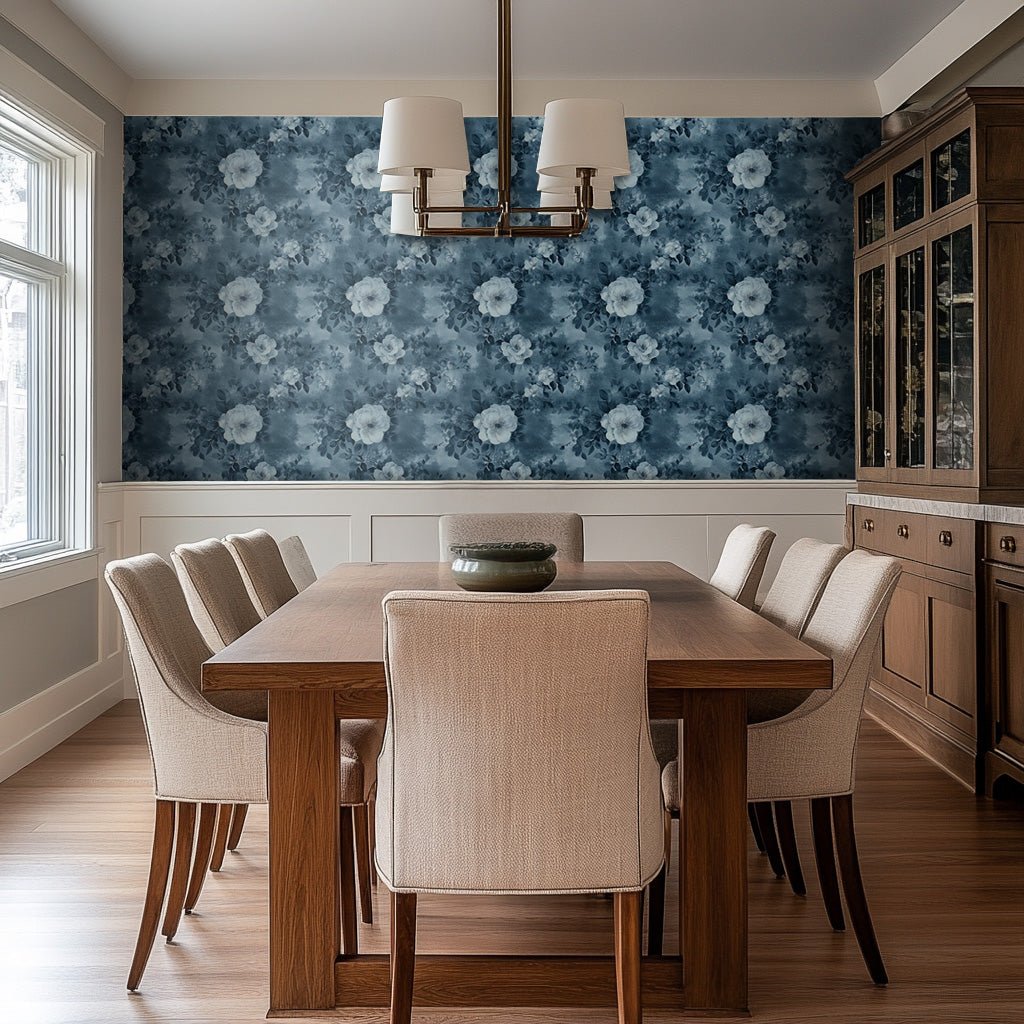 Papel tapiz Jardín Índigo floral vintage para comedor