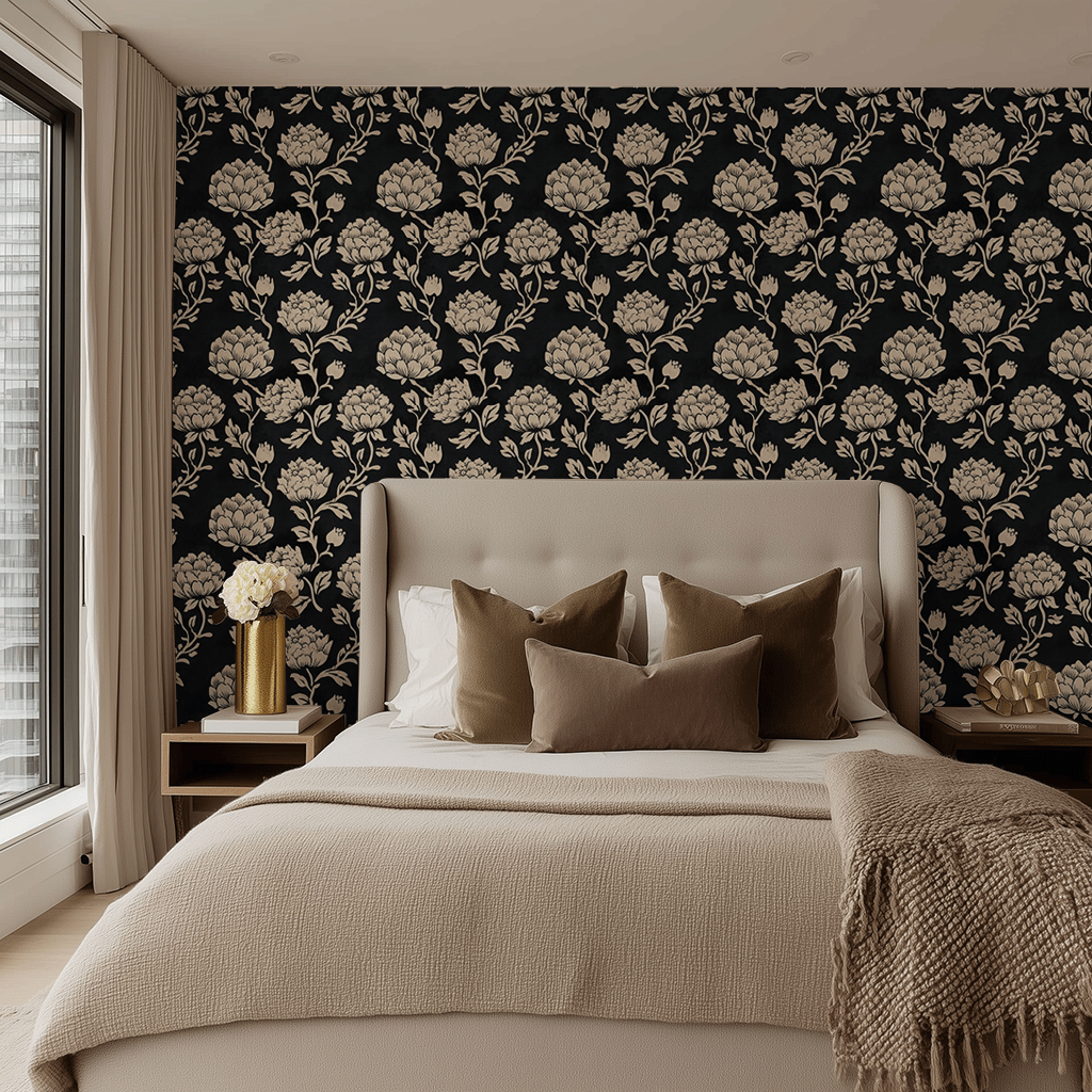 Papel tapiz floral negro elegancia dorada para recámara