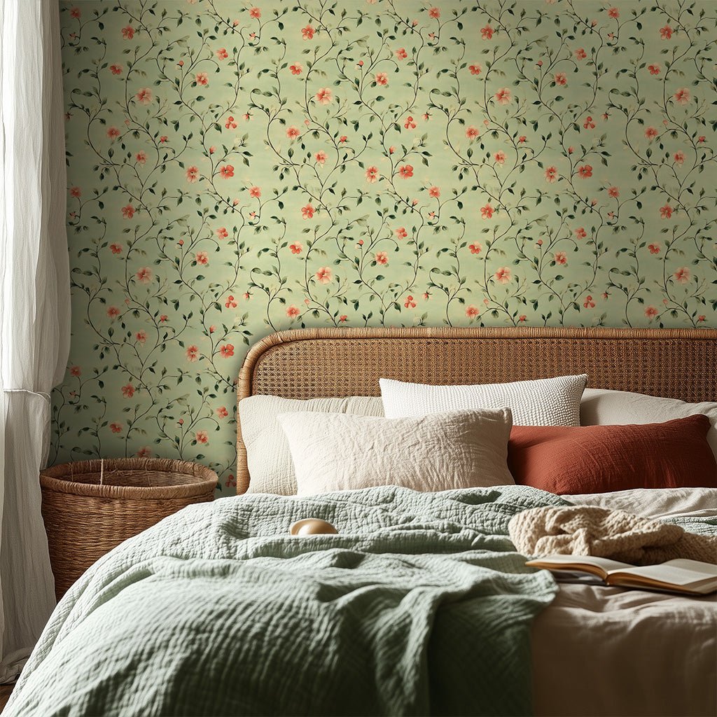 Papel Tapiz Floral Ramas y Flores Terracota Verde Romántico