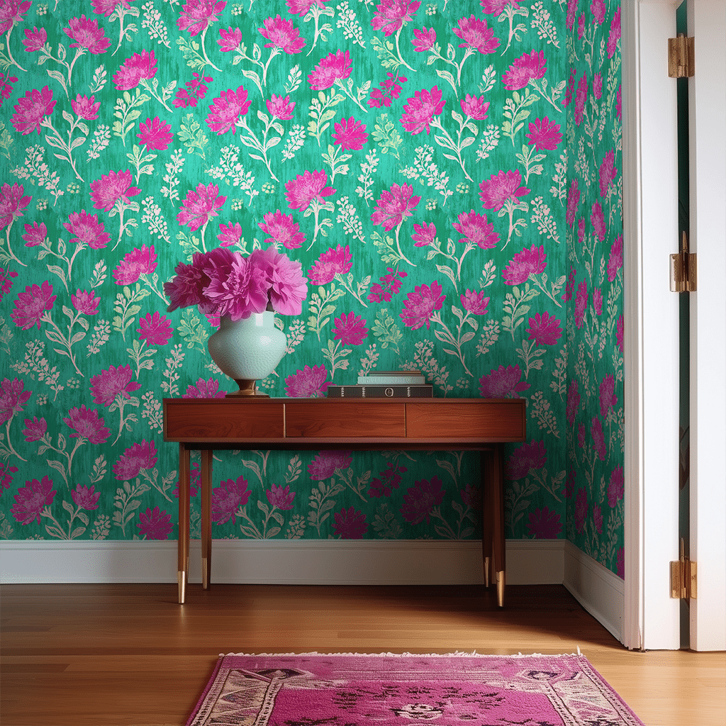 Papel tapiz floral magenta y verde vibrante para paredes