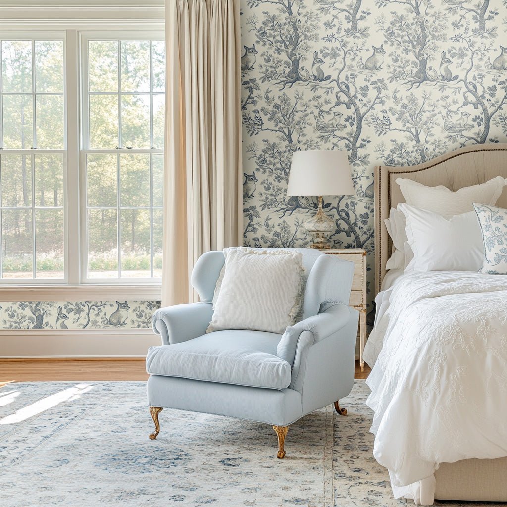 Papel tapiz Bosque Azul con pájaros y árboles elegante