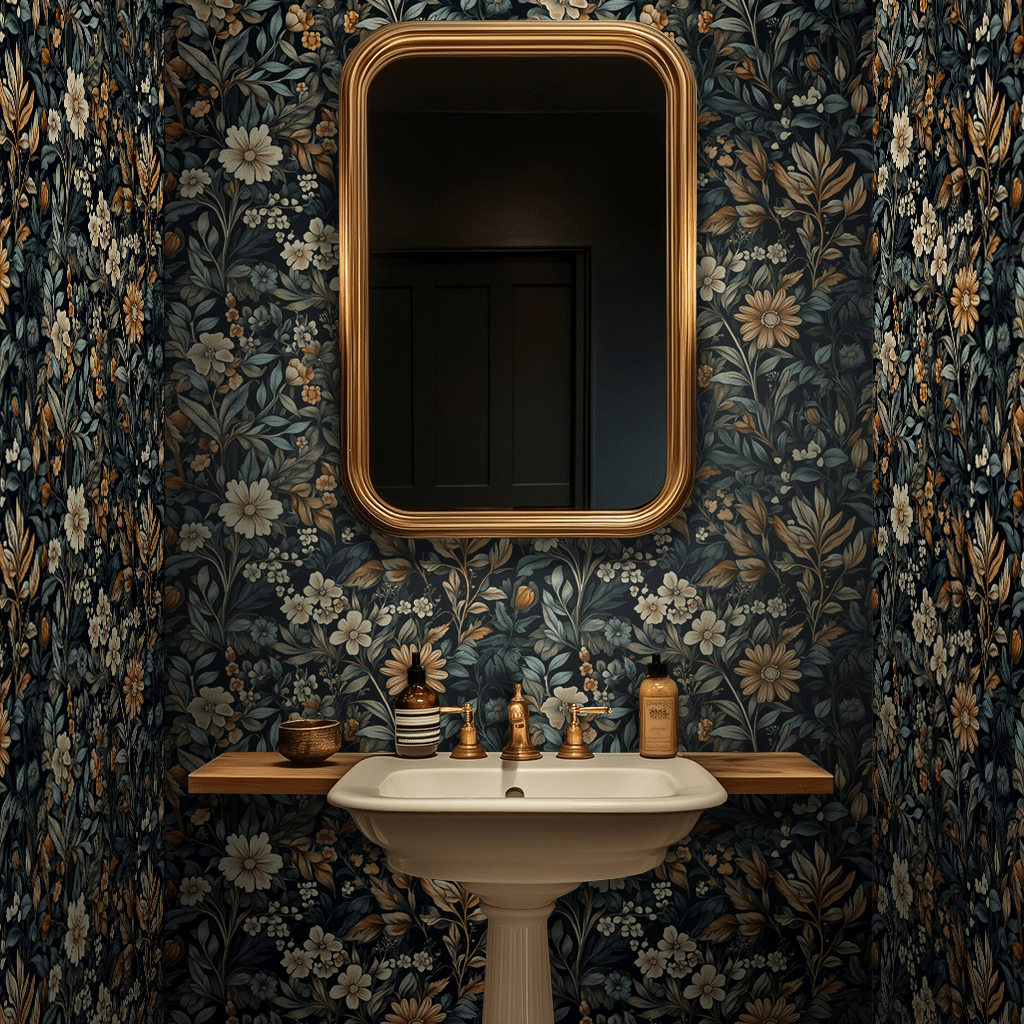 Papel tapiz floral oscuro Nocturno Botánico elegante para baño