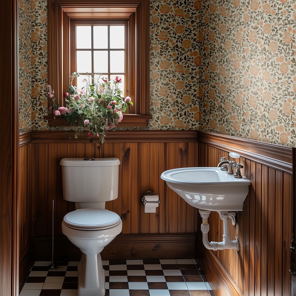 Papel tapiz floral vintage tonos cálidos para baño y recámara