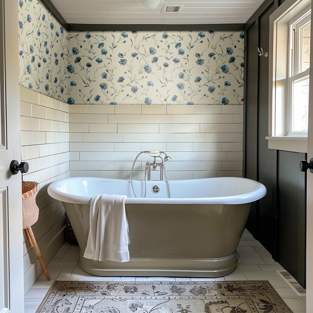 Papel tapiz floral azul vintage para baño y recámara