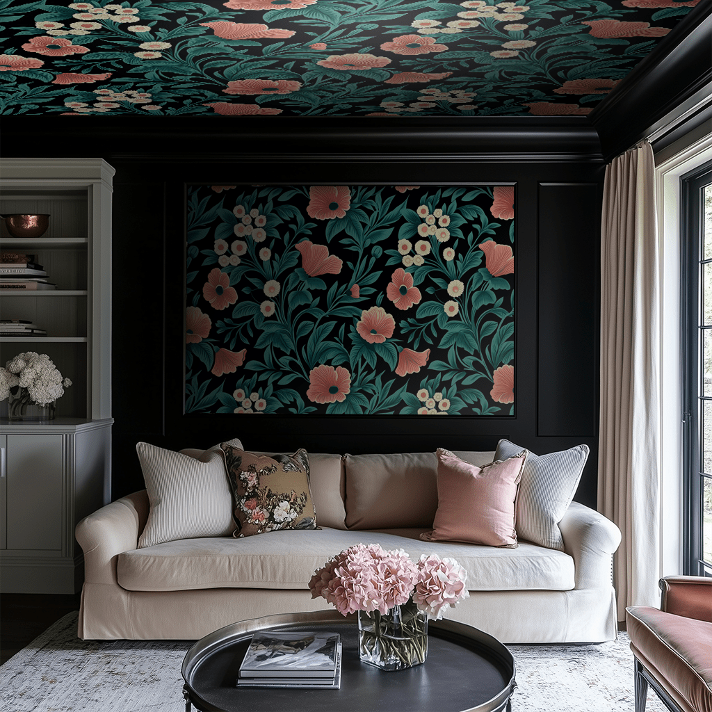 Papel tapiz floral MoonBloom con diseño botánico oscuro