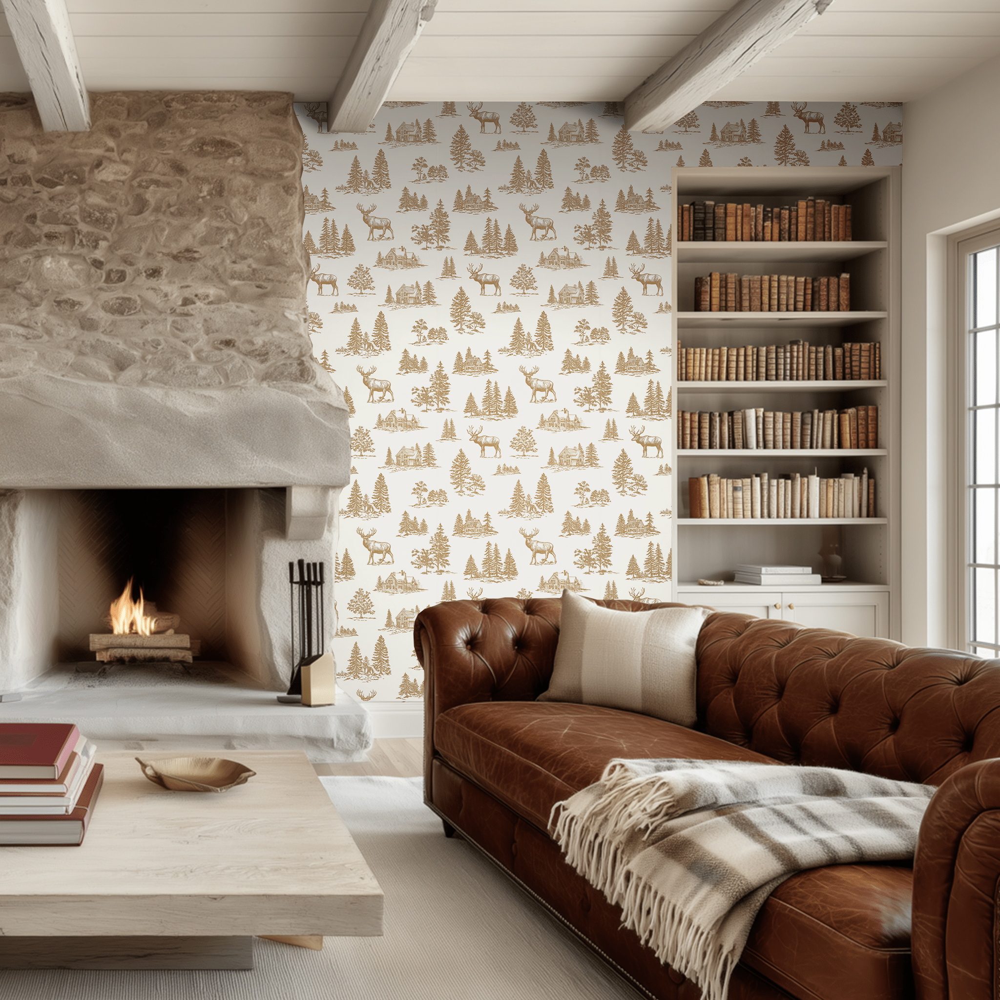 Papel Tapiz Rústico Bosque con Alces y Pinos Vintage