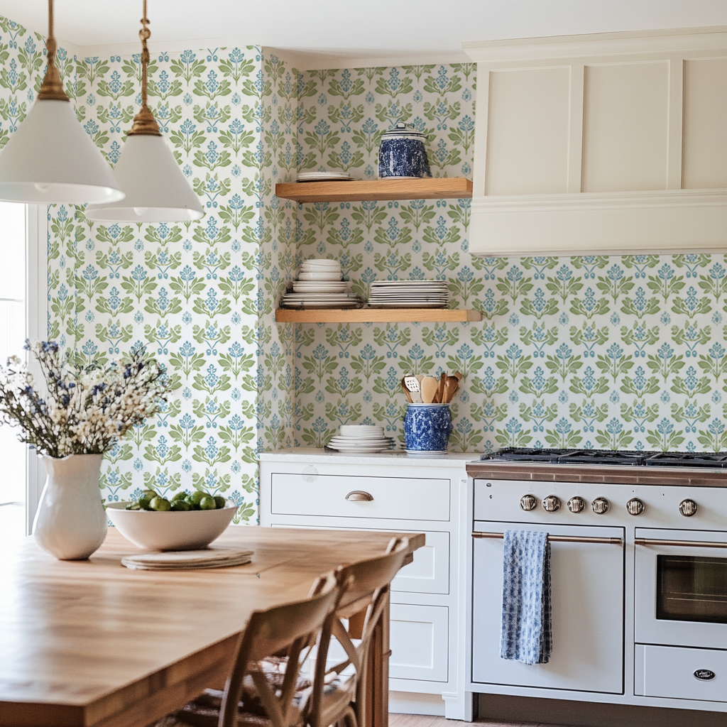 Papel Tapiz Floral Vintage Verde y Azul para Cocina y Comedor