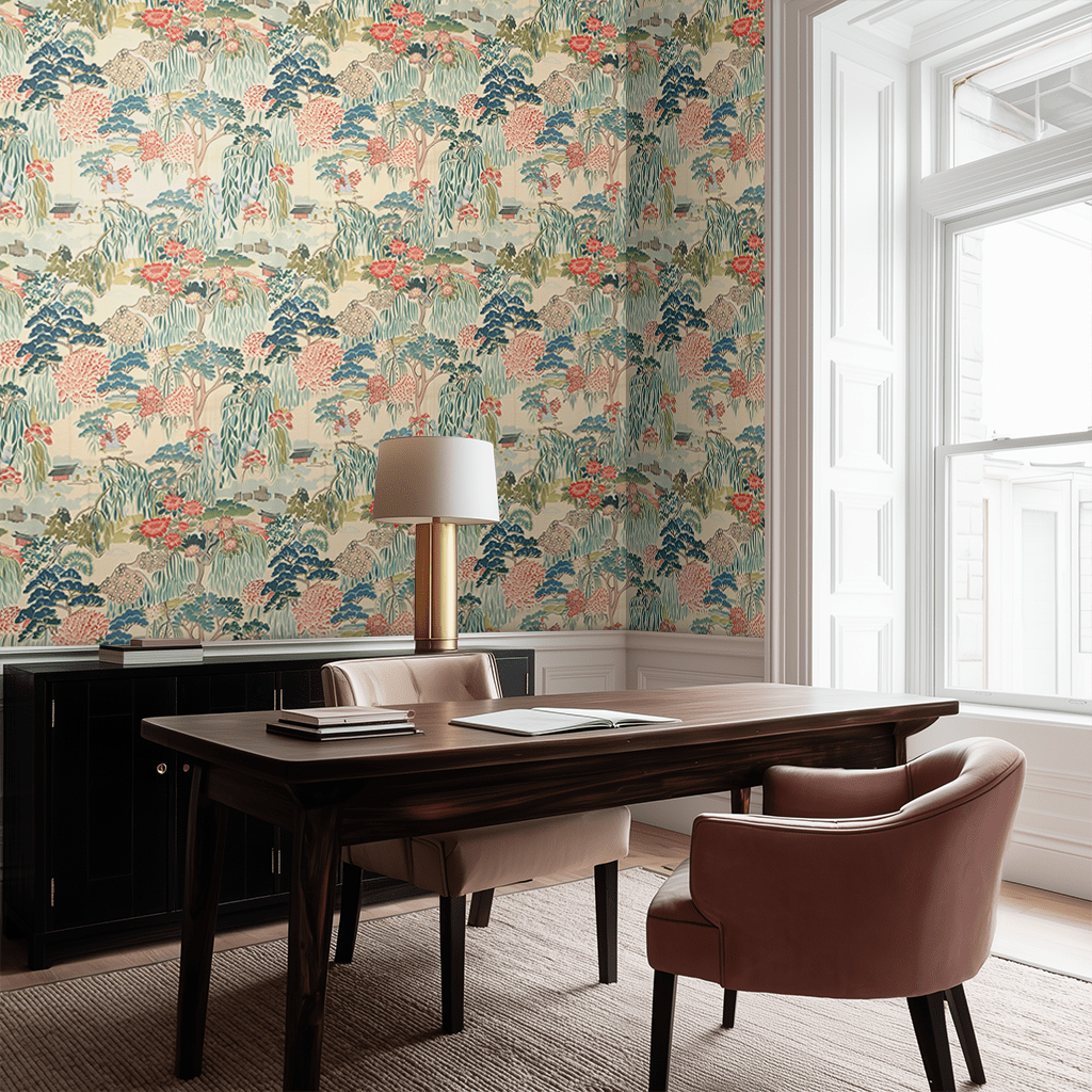 Papel Tapiz Jardín Nostálgico Vintage con Flores y Paisaje