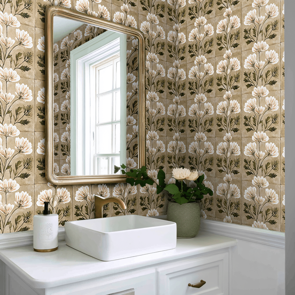 Papel tapiz floral vintage beige y verde para paredes